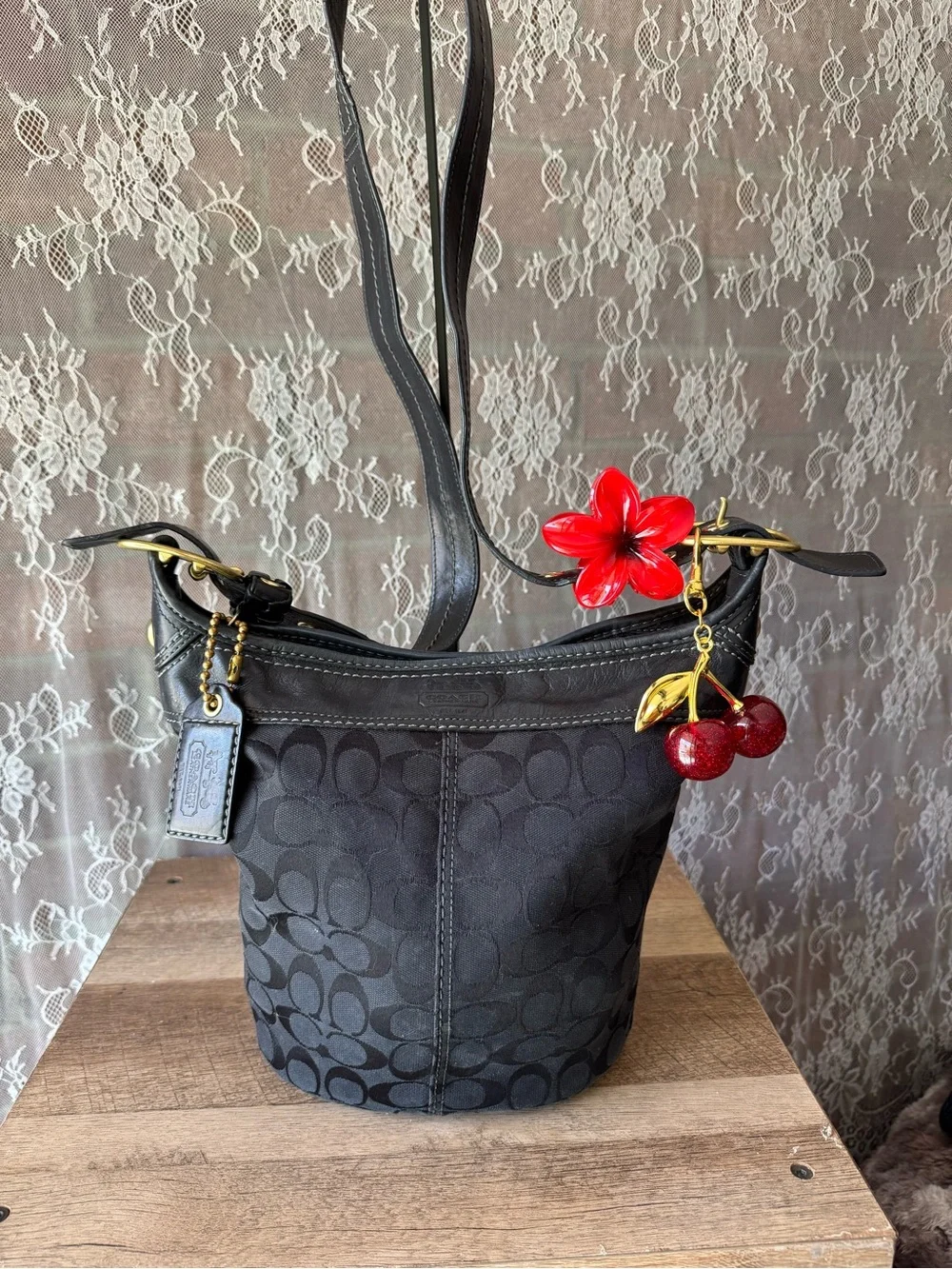 Coach Black Signature Monogram Shoulder Bag with Cherry Charm